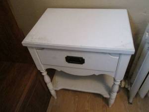 White shabby Chic style end table with pull out drawer and lower tier shelf