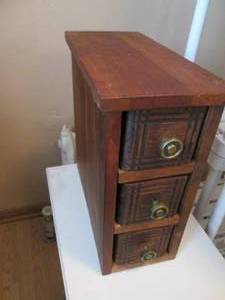 Vintage Wood Gentlemans 3-drawer narrow style dressertop type storage unit with detailed carvings