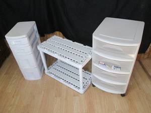 Sterlite plastic 4-drawer organizer, narrow 4-drawer organizer and 2-tier plastic shelving unit