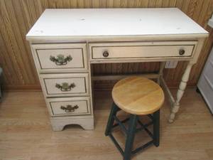 Vintage Off white desk with gold color painted trim with wood stool