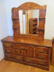 Vintage 8-drawer ladies dresser and matching mirror with tiered shelf sides