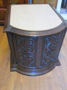 Ornately detailed Vintage End table with single door and stone-like inlay top