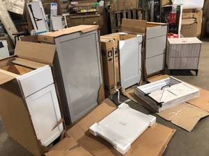 Lot of Assorted Kitchen Cabinets Various Sizes and Conditions Customer Returns See Pictures