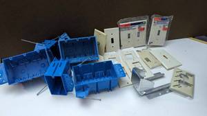 lot 7 image: Blue Electrical Boxes-Light Colored Switch Plates-Hardware