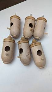 lot 18 image: Six Wooden Bird Feeders W Peg For Birds To Sit On