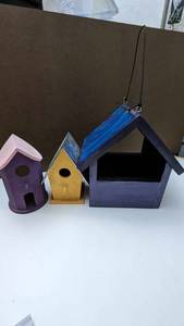 lot 20 image: Three Handcrafted Wooden Bird Houses, Etc.