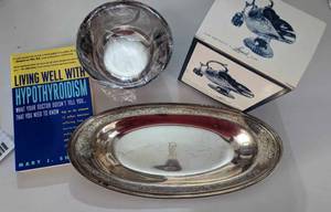 lot 111 image: Silver Oval Serving Tray-New Amsterdam Silver Co.  Silver Serving (Paul Revere 6)-Bowl Reproduction  Sugar Scuttle By Leonard Silver Etc.