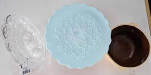 lot 113 image: Clear Glass Serving Dish-Light Blue Pedestal Cake Serving Tray-Round Serving Bowl