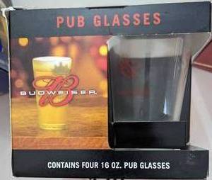lot 120 image: Budweiser Four 16 OZ Pub Glasses-Bud Light Four 16 OZ Pub Glasses-Killians Irish Red Four 20 OZ Nomic Glasses