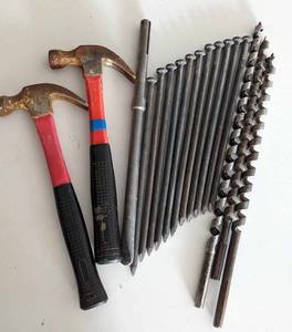 lot 127 image: Two Hammers-Three Long Drill Bits-Eleven Extra Long Nails, Etc.--For Automatic Air Guns