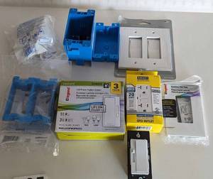 lot 135 image: Light Switch Plates-Blue Outlet Boxes-Radiant Dimmers-Self Testing 20 AMP GFCI Outlet-Screwless Wall Plate