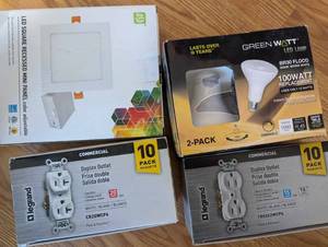 lot 140 image: Legrand White Commercial Duplex Outlet- LED Suare Recessed Mini Panel-Color Adjustable-Two Pack Green Watt BR30 Flood Lights