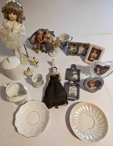 lot 144 image: China Creamer & Sugar Container & Two Matching Plates-Two Dolls-Small Picture Frames