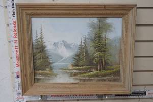 lot 222 image: Vintage Oil Painting on Canvas D. Baily Mountain River Winding