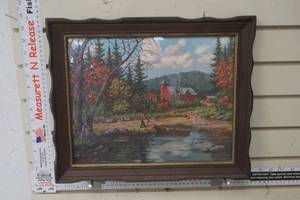 lot 290 image: Vintage Wooden framed Picture of Farm and Pond