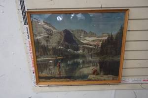 lot 311 image: Vintage Wood Framed Picture of a man and a boy fishing with a lake and mountains in the back ground
