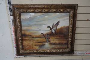 lot 312 image: Vintage Mallards by Ruanne Manning and Mossy Oak Native Living Framed Printed Art 22x27