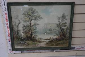 lot 317 image: Vintage Victorian Raymond Litho Print Art Country Cow Lake Flor De Lis Frame