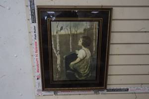 lot 321 image: Vintage Simon Glucklich print Spring Song Famed glass antique 20s girl with Bird gift