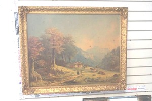 lot 180 image: 1940sVintage Antique Lithograph Swiss Alps Mougins, Rural Scene Chalet with Cattle