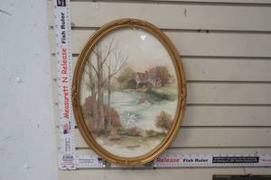 lot 211 image: Framed Picture of a Swan & Cottage