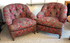 lot 50 image: Pair of Lovely Upholstered Arm Chairs with Ottoman