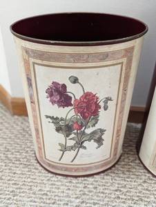 lot 126 image: Three Vintage Floral Metal Trash Bins