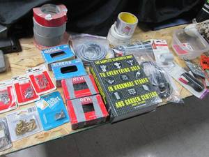 lot 113 image: Furniture repair kit, picture hangers, assorted tapes and other hardware supplies