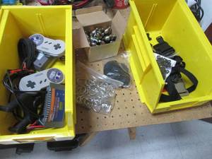 lot 157 image: 2-part organizer Bins with d-rings, co2 cylinders and other supplies