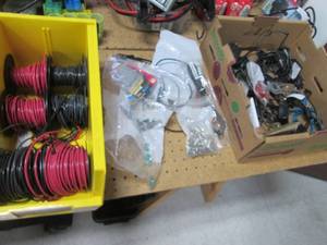 lot 158 image: Part organizer bin and boxes of misc wire, computer components and other supplies