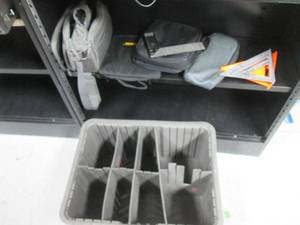 lot 161 image: Open top storage tote with customizable inserts, plus an assortment of soft sided travel accessory bags