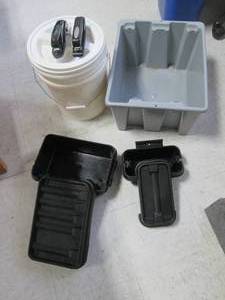 lot 191 image: Plastic project cases, 5-gallon bucket with lid, staplers and tote