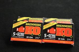 lot 103 image: Lot of (4 Boxes) Brenneke K.O. 20 Gauge 2-34 Shotgun Slugs 5-count ( 20 total items )