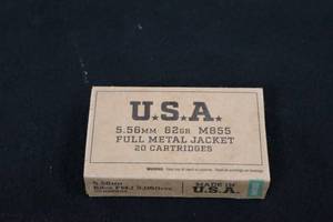 lot 200 image: Lot of (1 Box) U.S.A. 5.56mm 62gr Full Metal Jacket M855 Cartridges 20-count ( 20 total items )