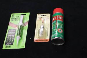 lot 491 image: Lot of (3) Assorted Lubricating Oils & Greases - Ballistol Multi-Purpose Lubricant 6-oz, Hoppes No. 9 Lubricating Gun Oil Pinpoint Lubricator .50-oz, Battle Born Grease 12cc