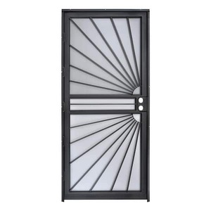 lot 66 image: Grisham 32 in. x 80 in. 469 Series Black Prehung Universal Hinge Outswing Sunburst Security Door