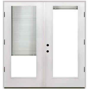 lot 77 image: Steves & Sons 72 in. x 80 in. Reliant Series White Primed Fiberglass Prehung Left-Hand Outswing Mini Blind Patio Door