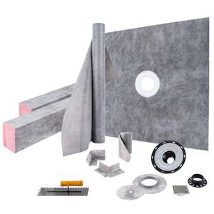 lot 124 image: VEVOR 48 x 48 in. Waterproof Shower Pan Underlayment with 4 in. ABS Central Bonding Flange Polyethylene Shower Pan Liner