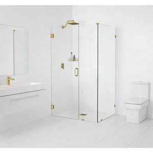 lot 170 image: Glass Warehouse 40 in. W x 34 in. D x 78 in. H Pivot Frameless Corner Shower Enclosure in Satin Brass Finish with Clear Glass