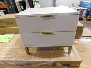 lot 49 image: 2-Drawer White Wooden Nightstand Bedside Table with 4-Gold Metal Legs 15.7 in. D x 19.7 in. W x 17.9 in. H