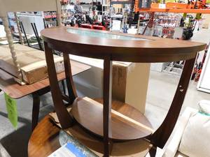 lot 89 image: Rafael 45 in. Merlot CherryClear Standard Half-Round Composite Console Table with Cracked Glass Inserts