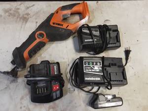 lot 19 image: worx saw tool only, 2 metabo chargers, 1 metabo 3ah 18v li-ion battery, craftsman li-ion charger
