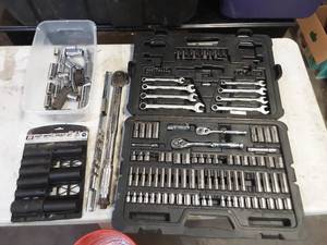 lot 24 image: Stanley socket set (missing a few) and assorted impact and other sockets, torque wrench