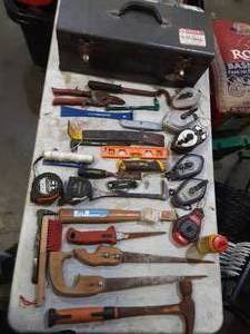 lot 41 image: Toolbox with assorted hand tools, saws, chalk lines, more