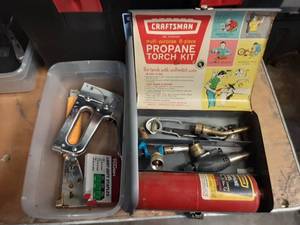 lot 44 image: tack hammer, stapler, staples, propane torches