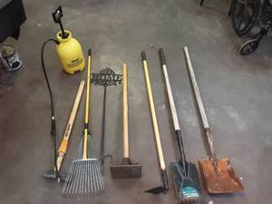 lot 45 image: sprayer, splitting maul, rake, tamper, hoe, flat shovel, roof shovel
