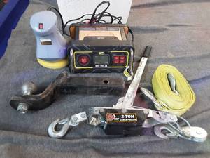lot 50 image: EverStart MAXX battery 40A jump,15A rapid charge, 3A maintainer. 2ton cable puller, tow strap and trailer hitch