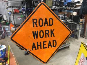 Large Classic ROAD WORK AHEAD Metal Sign
