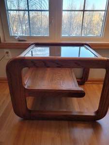 lot 2 image: 1970s Mid Century Modern Lou Hodges Mersman Oak Smoked Glass End Table