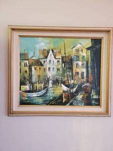 lot 5 image: Oil painting on Canvas. Harbor Scene. Illegibly Signed.